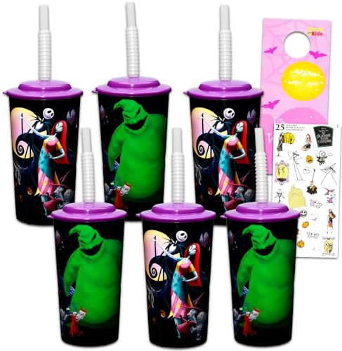 Disney Nightmare Before Christmas Reusable Tumbler Cup Pack - Halloween Party Favor 6 Piece Bundle with 16 Oz Cups, Straws, Lids, Plus Stickers, More | Bulk Nightmare Before Christmas Water Tumblers