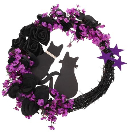 Cabilock Halloween Türkranz mit Schwarzer Katze Langlebiger Rattanzweig Wetterfester Halloween Blumenkranz Vielseitiger Hängeschmuck für Haustür Wand Fenster und Partydeko
