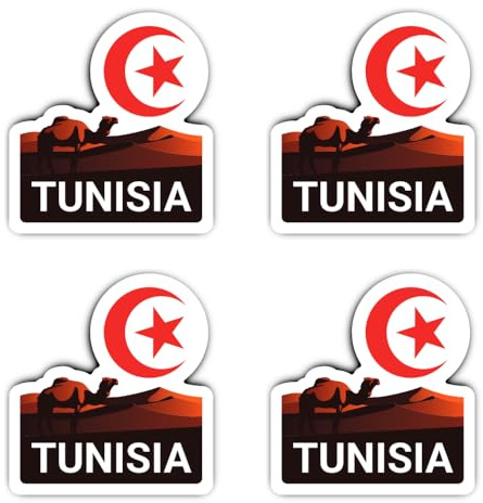 Aufkleber: 75 mm, 4 Stück - Tunesien Aufkleber Set Vinyl 75 mm 4er Wüste Kamel Flagge Reise Souvenir Laptop Koffer Auto Wasserfest