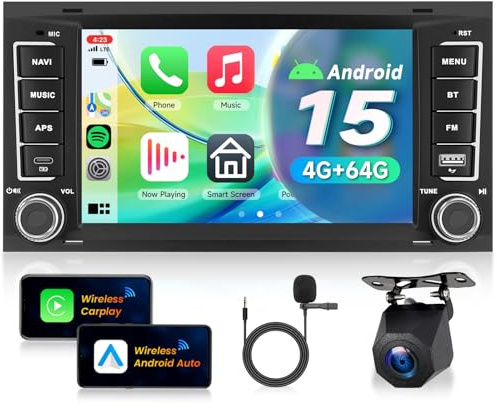 VECHTEL 4G+64G Android 15 Radio Coche para VW Touareg 2004-2011 Transporter T5 Multivan 2004-2009, 7'' Pantalla Táctil Autoradio con Carplay Android Auto GPS Wi-Fi USB Tipo-C Bluetooth FM RDS Cámara