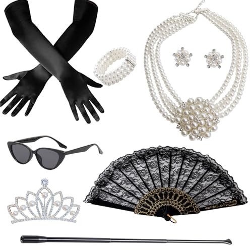 YAEGIMHT 9Stück 20er Jahre Accessoires, 1920er Accessoires Damen mit Brille Krone Kopfschmuck Handschuhe Perlenkette Fächer Armband Ohrringe, Mafia Kostüm Damen für 20er Mottoparty, Karneval Halloween