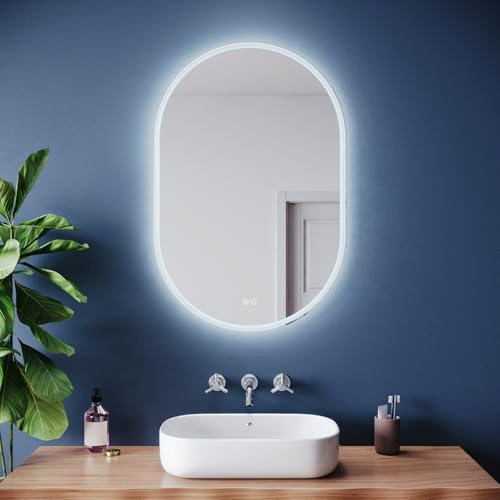 ZANOFIRA 900 x 600 mm Oval Bathroom LED Mirror wtih Shaver Socket, Illuminated Backlit Wall Mounted Mirror with 3 Lighting Modes, Demister, Dimming, Two Touch Switch, IP44, Horizontal/Vertical