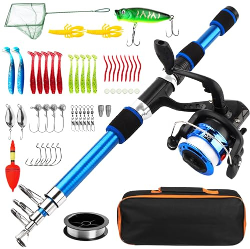 Kit de Pesca para Niños 55 Piezas Completo Caña de Pescar Telescópica 1,8m | PLCatis Set de Pesca Infantil con Carrete Señuelos Red y Bolsa de Transporte para Principiantes Niños y Niñas Desde 3 Años