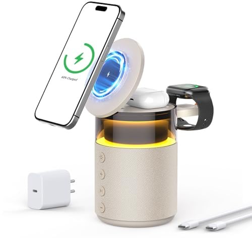 Altavoz Bluetooth 3 en 1 con luz Nocturna y Cargador inalámbrico, lámpara de Noche Ajustable – Compatible con iPhone 17/16/15/14/13/12 Pro MAX, Apple Watch y Auriculares con Carga inalámbrica, 33W