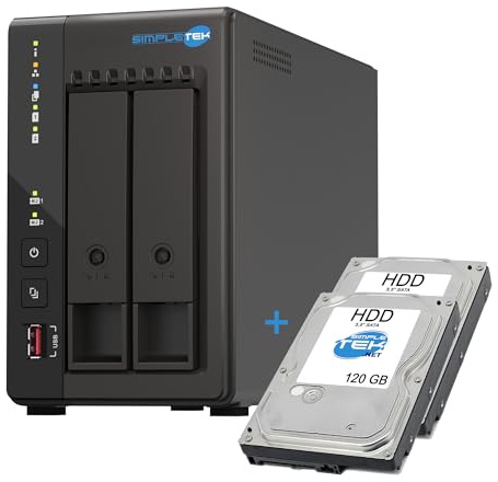 SIMPLETEK - Server Storage NAS a 2 Vani con 2x HDD 120GB - Quad-Core 2.0GHz - 8GB RAM DDR4 Integrata - 2 Slot M.2 NVMe - Doppia Rete 2.5GbE (Ricondizionato)