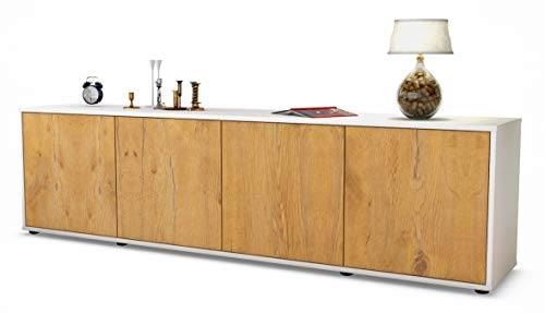 Stil.Zeit TV Schrank Lowboard Antonia, Korpus Weiss matt, Front Holz-Design Eiche (180x49x35cm), mit Push-to-Open Technik