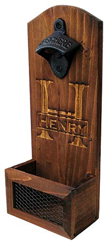 Personalized Wall Mount Rustic Walnut Wooden Bottle Opener with Cap Catcher, Groomsman & Best Man Gift