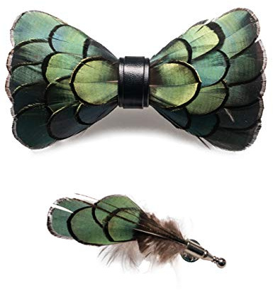 RBOCOTT Green Feather Pre-tied Bow tie Leather Bowtie and Brooch Sets for Men(6)