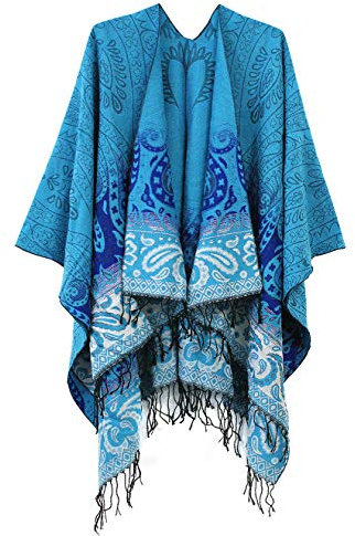 Modischer Damenponcho, Vintage-Umhang mit Quasten, traditionelles Muster, Schal-Umhang Gr. Einheitsgröße, Serie 4-blau