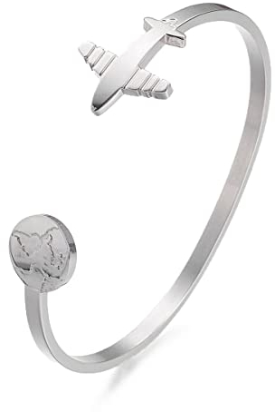 Sadingo Armband Damen in Silber | Armreif mit Flugzeug und Erde, Damen-Armband aus Edelstahl, Travel The World Bracelet, größenverstellbar, Frauen-Armreif, Geschenk für Weltreise, Travel