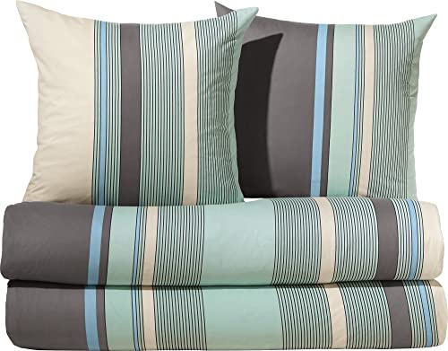 Erwin Müller Single-Jersey Bettwäsche-Set 4-TLG., Bettgarnitur, mit Streifen, Mint-grau, Größe 135x200 cm (80x80 cm) - temperaturausgleichend, bügelfrei, mit Reißverschluss, 100% Baumwolle