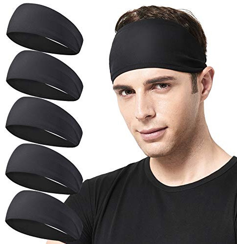 Acozycoo Mens Running Headband,5Pack,Mens Sweatband Sports Headband for Running,Cycling,Basketball,Yoga,Fitness Workout Stretchy Unisex Hairband (5 Black)
