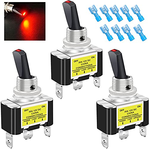 mxuteuk 3Pcs Rocker beleuchteter Kippschalter Wippschalter 30A 12V DC SPST ON/OFF 3Pin Auto Automative Boot mit rot LED-beleuchtetem Licht ASW-07D-2-R-DZ