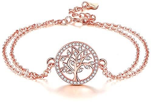 Micory Damen Lebensbaum Armband 925 Sterling Silber Roségold Doppelkette mit Geschenkbox,Verstellbar Charm Armband