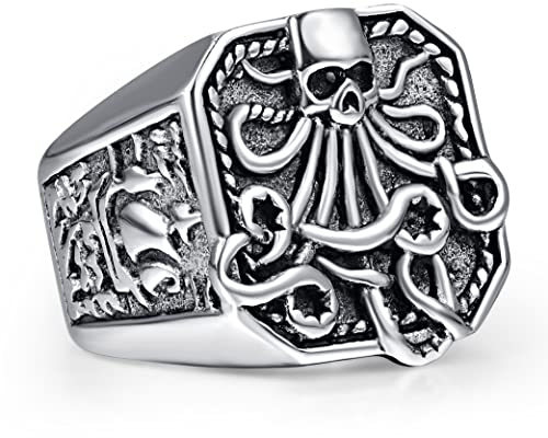 Cloyo Edelstahl Ring Herren Siegelring Silber Schwarz Vintage Punk Ring mit Octopus Gothic Rocker Ringe für Männer Größe 62 (19.7)
