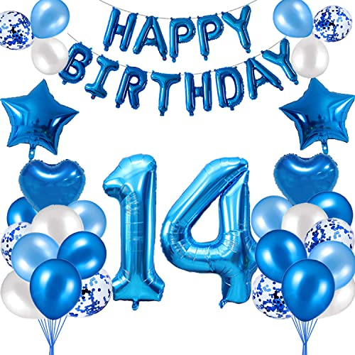 HCRXVV 14. Geburtstag Dekoration Blau 14 Jahr Jungen Geburtstagsdeko Set,Blaue Happy Birthday Girlande Banner Folienballon Jungen Party Deko Geburtstag Party für Wohnzimmer,Luftballons Zahl 14 Blau