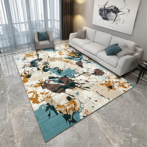 DJHWWD Teppich Mädchen Babyzimmer Teppich Junge Rechteckiger, abstrakt gefärbter zeitgenössischer beigeblauer Wohnzimmerteppich Teppich Wohnzimmer 80X120CM