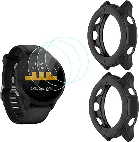 MWOOT Protector Set Compatible with Garmin Forerunner 955 Smartwatch, 4Pcs Tempered Glass Screen Protector and 2Pcs Case Cover for Watch Protection, Scratch Resistant Protective Accessories Kits