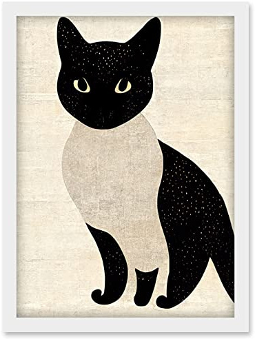 Doppelganger33 LTD Woodblock Cute Black And White Cat Japanese Ukiyo-e Artwork Framed Wall Art Print A4