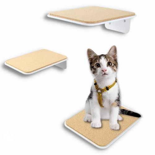 AZANO®️ Katzentreppe 3er Set | Kletterwand Katzen | Katzenleiter Wand [Modernes Design aus Metall] | Katzentreppe Wand | Katzenleiter | Katzenmöbel zum Klettern | S 16x12cm | (Weiß - Kork)