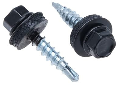 4.8 mm x 25 mm Vis de toiture, tête hexagonale autoperceuse colorée (RAL 9005 Noir foncé) vis de toit avec rondelle scellée en EPDM, vis à gros filets trempés zingués antirouille (50 pièces)