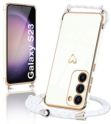 Micoden Coque pour Samsung Galaxy S23 5G Silicone avec Collier avec Motif Coeur d'amour Mignon Etui Housse avec Cordon Tour de Cou Lanière en Corde pour Samsung Galaxy S23 5G(Blanc)