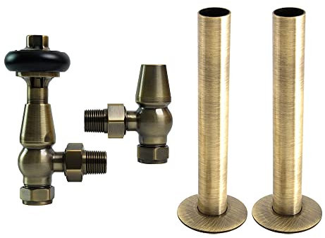 NRG Traditional Angled Radiator Valve 15mm Thermostatic Lockshield Valves (Polished Antique Brass with 180mm Pipe)