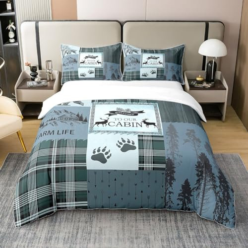 richhome 100% Baumwolle Dschungel Jagd Bettbezug, Outdoor Bär Hirsch Kabine Bettwäsche Set für Schlafzimmer, Rustikale Country Checker Muster All Season Bettwäsche 135x200