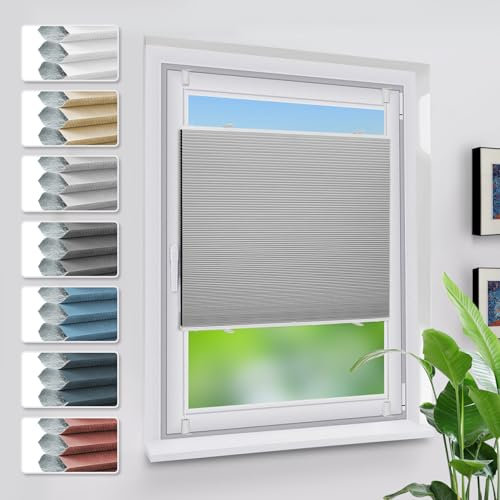 Grandekor Verdunklungsplissee Wabenplissee ohne Bohren Weiß-Hellgrau 70x130cm (BxH) Klemmfix Plissee ohne Bohren Verdunkelung Thermo Rollo Wärmedämmung, Privatsphäre - & Sonnenschutz