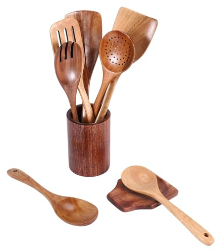 Happysnow Lot de 9 cuillères en bois pour la cuisine avec porte-ustensiles en teck