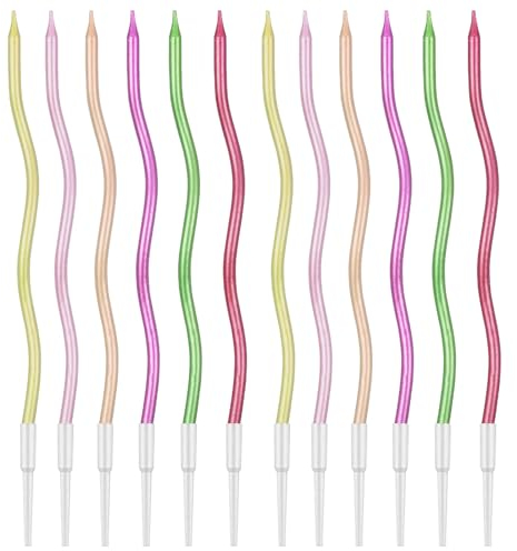Nivofu Gebogene Geburtstagskerzen, 12 Stück Spiralkerzen, Dünne Lange Geburtstagskerzen, Sechs Farben Spiral Kuchen Kerze für Geburtstag Hochzeit Baby Shower Party Dekoration - Mehrfarbig
