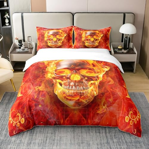 100% Bio-Baumwolle Jungen Zucker Schädel Bettwäsche Set für Teens Gotische Gruselige Tröster Abdeckung Skelett Rote Flamme Feuer Bettbezug Horror Stil Bettbezug mit Reißverschluss Verschluss,200x200