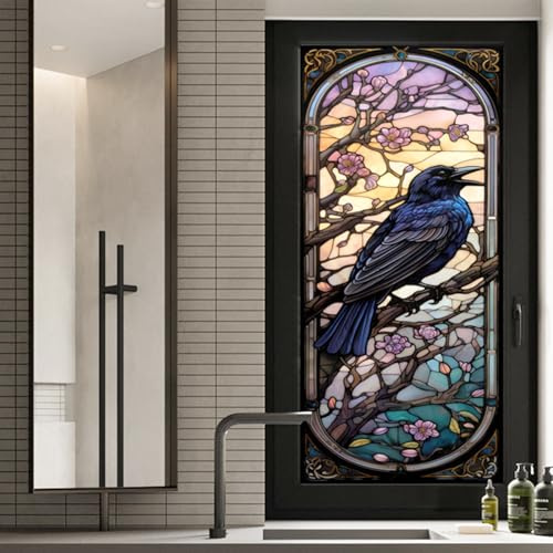 WBQMUNY Buntglas-Fensterfolie, Krähengemalt, mattiert, statisch haftend, Privatsphäre, dekorative Tönungsfolie für Zuhause, mattiert, Badezimmer, Fensterabdeckungen, statisch haftend, Nicht klebend