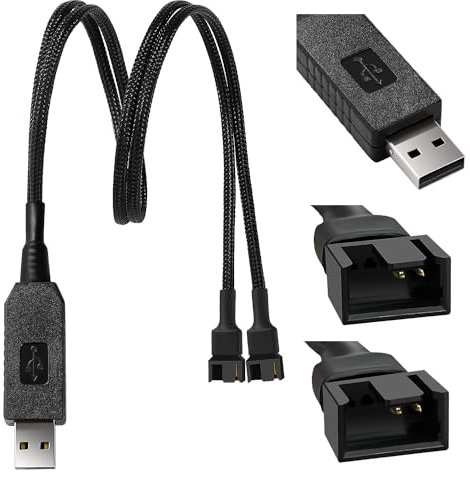 KUOQIY 50cm Full Speed 12V Voltage Step-Up USB to Dual 3 Pin and 4 Pin PC Fan Sleeved Power Adapter Cable, USB to 3Pin / 4Pin PC Fan Cable, Braided