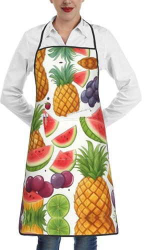 Lrtyuasq Hochwertige Schürze mit Kuhfell-Druck, mit Taschen, vielseitige Schürze, ideal für Küchen-, Heim- und Restaurantaufgaben, Frische saftige Früchte, Ananas, Beeren, Trauben, Orange, One size