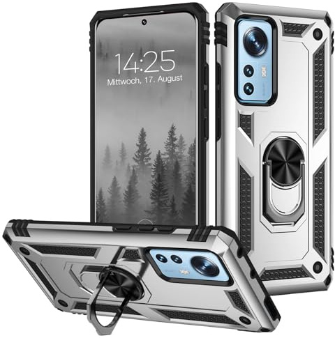 LBH Outdoor Hülle für Xiaomi 12 Pro Armor Militär Stoßfest Handyhülle 360 Grad Metal Ring Halter Ständer Schutzhülle für Handyhalterung Auto Magnet Silber