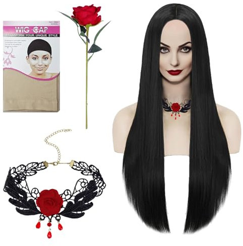 TECHEEL Schwarze Perücke Halloween Perücke Schwarz Lang Perücke Damen Schwarz Haarnetz Perücke Cosplay Schwarze Perücke Mit Schmuck Für Damen Halloween Karneval Kostüme Cosplay Party