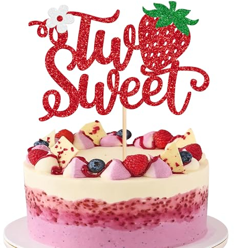 Xsstarmi 1 Pack Strawberry Two Sweet Cake Topper Glittery Happy 2nd Birthday Cake Decorations Sweet Two Cake Pick for Summer Fruit Berry Themed Second Birthday Party Decorations