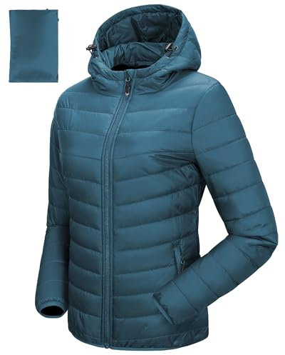 33,000ft Women's Lightweight Puffer Jacket Water Repellent Warm Packable Quilted Coat with Hood Ladies Transitional Padded Lined Jacket for Hiking Climbing Acid Blue S