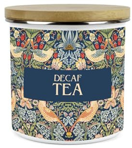 Purely Home Blue Strawberry Thief Decaf Tea Storage Canister - Morris Inspired Tapestry Artwork - Tea/Coffee/Sugar Enamel Hot Drinks Kitchen Container