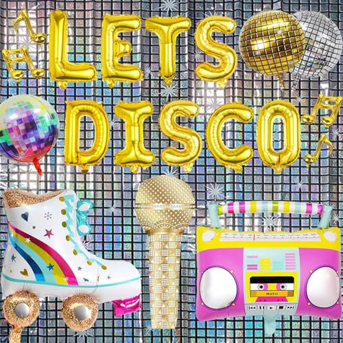 21 Pcs Discokugel Luftballon, 4D Disco Folienballons, Disco Ballons, Radio, Mikrofon, Metallische Glitzervorhang, Disco Mottoparty Geburtstag Abschlussfeier Retro Dekoration, 70 80 90er Jahre Deko