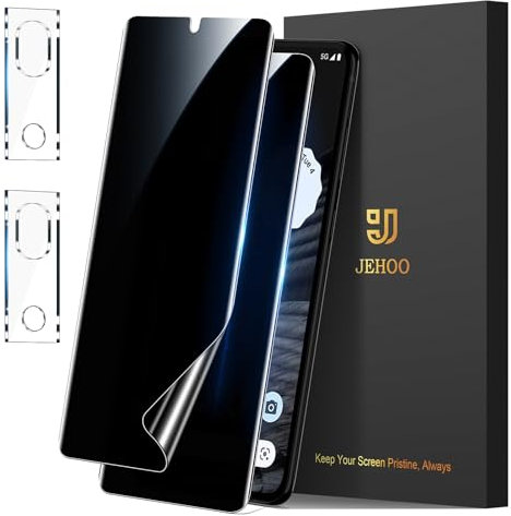 JEHOO for Google Pixel 7 Pro TPU Privacy Screen Protector,2 Pack Support Fingerprint Unlock Flexible Soft Film + 2 Pack Camera Lens Protector, Anti-Spy,Scratch Resistant,Self-Healing, 3D Curved