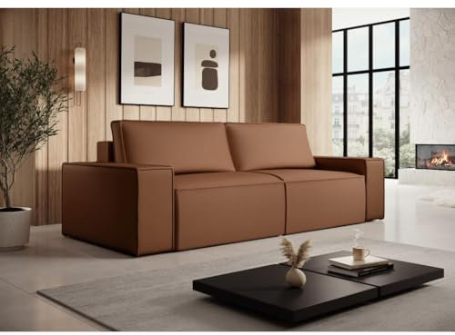 Vente-unique-Sofa mit Schlaffunktion 4-Sitzer - Stoff - Leder-Optik - Braun - Amelia