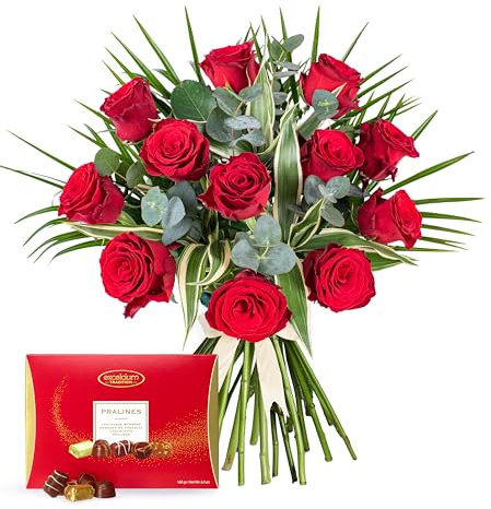 12 Red Roses with Chocolates - Red Roses bouquet surrounded by Sandriana, Fragrant Eucalyptus and Palm Leaf - Fresh Flowers - Valentines Flowers - Flowers for Her - Valentines Bouquet