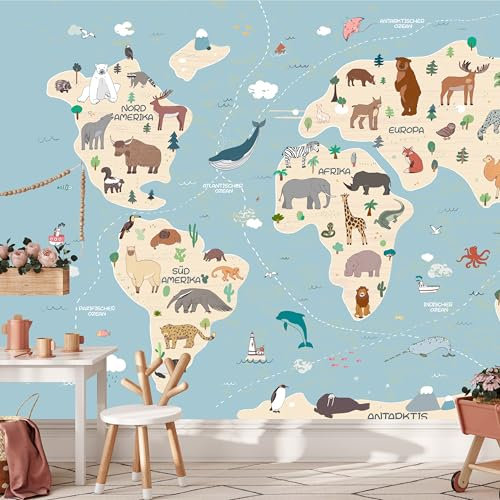 Kidsmood - Selbstklebende Tapete für Kinderzimmer, Fototapete mit Tieren aus aller Welt, Ideale Kinderzimmer Deko für Mädchen und Jungen, Schadstofffreie Vliestapete in lebendigen Farben, 208x220 cm