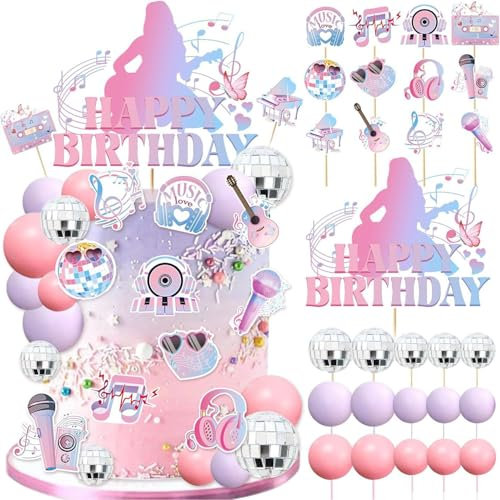 Cake Topper Decorations, Musical Cake Topper Girls Theme Photo Backdrop Era Party Decor Butterfly Cake Decorations | Music Fans Lover Party Supplies | Pink Birthday Cake Decorations