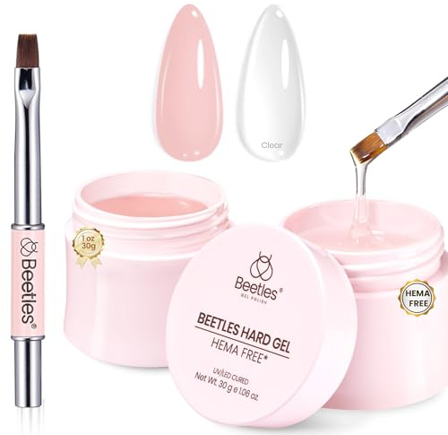 Beetles 9 in 1 Hard Gel -2 Pcs*30g Clear & Jelly Nude UV/LED Lamp Cured Sculpting Gel for Nail Extension with Flat Nail Brush High Hardness Gift for Women Girls