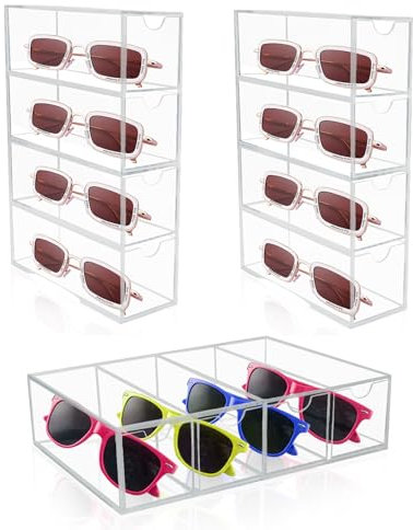 3pcs Acrylic Sunglasses Organiser, Clear Sunglasses Storage Eyeglasses Storage Case with Drawers, Stackable Eyewear Storage Display Case Eyeglasses Holder Eyewear Display Tray for Women Men