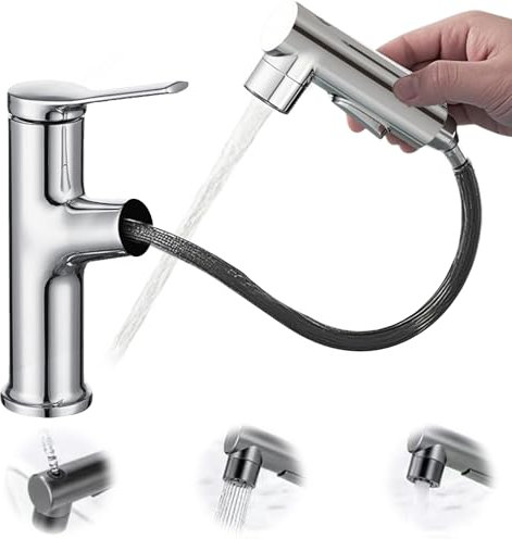 Rubinetto da cucina in argento galvanizzato, a bassa pressione, con doccetta estraibile, miscelatore monocomando con 3 modalità, doccetta estraibile, rubinetto per lavabo con beccuccio girevole