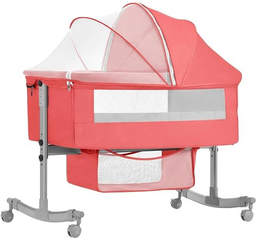 Mixtric Babybetten Mit Rädern, Faltbares, Tragbares Babybett, Kinderbett Mit Matratze, Verstellbarer Stubenwagen, Mit Ablagekorb, Moskitonetz,Rosa